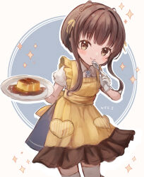 Rule 34 | 1girl, apron, blue dress, brown eyes, brown hair, diagonal-striped clothes, diagonal-striped necktie, dress, food, gloves, holding, holding plate, holding spoon, kantai collection, looking at viewer, necktie, official alternate costume, plate, ribbon, short hair, short hair with long locks, sidelocks, smile, solo, spoon, standing, striped clothes, striped necktie, thighhighs, ukuru (kancolle), white gloves, white thighhighs, wss (nicoseiga19993411), yellow apron, yellow ribbon