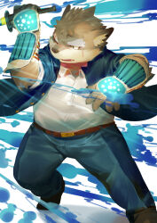 1boy absurdres animal_ear_fluff animal_ears brown_fur claws commentary_request dog_boy dog_ears dog_nose facial_scar fat fat_man furry furry_male gauntlets highres holding holding_sword holding_weapon katana looking_to_the_side male_focus moritaka_(housamo) open_mouth quirrel_(gharnedanshyo) scar scar_across_eyebrow scar_on_cheek scar_on_face scar_on_nose school_uniform sword tokyo_houkago_summoners weapon