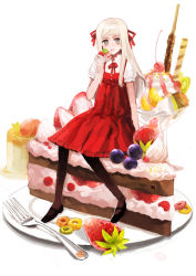 Rule 34 | 1girl, arm support, bad id, bad pixiv id, blonde hair, blueberry, cake, cherry, dress, eating, food, fork, fruit, ice cream, in food, khj, kiwi (fruit), long hair, mini person, minigirl, open mouth, original, pantyhose, plate, red dress, sitting, solo, strawberry