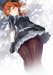 Rule 34 | 1girl, black gloves, black jacket, black scrunchie, blush, breasts, brown eyes, brown hair, brown pantyhose, closed mouth, commentary request, dutch angle, fate/grand order, fate (series), from below, fujimaru ritsuka (female), fujimaru ritsuka (female) (polar chaldea uniform), gloves, grey skirt, hair between eyes, hair ornament, hair scrunchie, head tilt, highres, jacket, medium breasts, nose blush, one eye closed, pantyhose, pleated skirt, scrunchie, short sleeves, skirt, solo, twitter username, tyone, wavy mouth