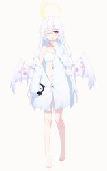 Rule 34 | 1girl, absurdres, alternate costume, azusa (blue archive), barefoot, blue archive, bra, breasts, commentary, feathered wings, full body, halo, hand up, highres, icetea (8862), long hair, long sleeves, looking at viewer, navel, off shoulder, one eye closed, purple eyes, shirt, simple background, sleeves past fingers, sleeves past wrists, small breasts, solo, standing, underwear, white background, white bra, white hair, white shirt, white wings, wings, yellow halo