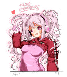 Rule 34 | 1girl, :d, alice (nikke), animal ear headphones, blush, bodysuit, breasts, covered navel, cropped jacket, fake animal ears, gloves, goddess of victory: nikke, grey hair, hair between eyes, headphones, headset, heart, hiycca (katatumuri), impossible bodysuit, impossible clothes, jacket, latex, latex bodysuit, long hair, looking at viewer, medium breasts, open mouth, pink bodysuit, pink eyes, pink gloves, red jacket, sidelocks, signature, skin tight, smile, solo, twintails, two-tone gloves, v, white gloves