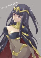 Rule 34 | 1girl, black hair, breasts, cleavage, cleavage cutout, clothing cutout, crying, crying with eyes open, english text, fire emblem, fire emblem awakening, looking at viewer, nintendo, renkonmatsuri, simple background, tears, tharja (fire emblem)