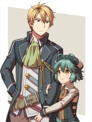 Rule 34 | 1boy, 1girl, antenna hair, arm at side, arm hug, ascot, blonde hair, blue eyes, blue hair, chihiro (chihiro3399), closed mouth, commentary, cowboy shot, eiyuu densetsu, eyebrows hidden by hair, frown, green ascot, green jacket, grey background, hair between eyes, hand on own hip, highres, jacket, jusis albarea, long sleeves, looking at another, millium orion, open clothes, open jacket, sen no kiseki, sen no kiseki iii, short hair, simple background, smile, spiked hair, standing, tareme, yellow eyes, zipper