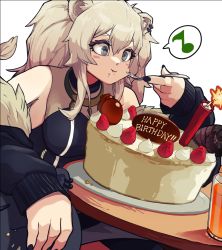 Rule 34 | 1girl, animal ears, bare shoulders, birthday cake, black jacket, black shirt, blush, blush stickers, breasts, cake, chewing, cleavage, closed mouth, dynamite, ear piercing, eating, explosive, food, food on face, fur-trimmed jacket, fur trim, grey eyes, grey hair, grey skirt, hair between eyes, happy birthday, highres, hololive, jacket, jacket partially removed, jewelry, large breasts, lion ears, lion girl, lion tail, long hair, mato (target5260), messy hair, musical note, necklace, open clothes, open jacket, piercing, see-through, see-through cleavage, shirt, shishiro botan, shishiro botan (1st costume), sidelocks, skin tight, skirt, sleeveless, sleeveless shirt, smile, solo, spoken musical note, ssrb (shishiro botan), tail, two side up, virtual youtuber