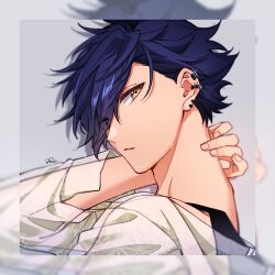 Rule 34 | 1boy, black tank top, blue hair, blurry border, ear piercing, earrings, ensemble stars!, facing to the side, floral print, floral print shirt, green shirt, grey background, jewelry, looking at viewer, male focus, mcopoon, multiple earrings, open mouth, piercing, sazanami jun, see-through, see-through shirt, shirt, short hair, signature, solo, tank top, yellow eyes