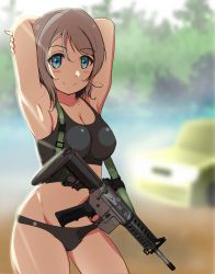 Rule 34 | 10s, 1girl, absurdres, ankoiri, armpits, arms behind head, arms up, assault rifle, backlighting, bare shoulders, black panties, blue eyes, blurry, blurry background, blush, breasts, brown hair, cleavage, crop top, day, gun, highres, large breasts, light brown hair, looking at viewer, love live!, love live! sunshine!!, m4 carbine, military, outdoors, panties, rifle, short hair, sleeveless, smile, solo, sports bra, standing, tank top, underwear, underwear only, watanabe you, weapon