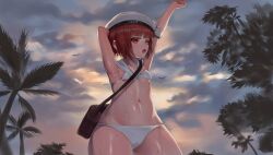 Rule 34 | 1girl, absurdres, armpits, arms up, bag, bikini, bird, blurry, blurry background, breasts, cloud, cloudy sky, dokomon, dripping, evening, from below, hat, highres, kantai collection, one eye closed, open mouth, outdoors, outstretched arm, palm tree, red eyes, red hair, sailor hat, short hair, sidelocks, sky, small breasts, stomach, sweat, swimsuit, tree, wet, z3 max schultz (kancolle)