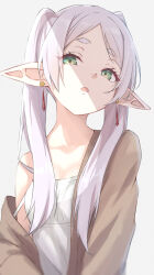 Rule 34 | 1girl, bare shoulders, dress, earrings, elf, frieren, green eyes, hair over shoulder, highres, jewelry, long hair, looking at viewer, open mouth, parted bangs, pikao, pointy ears, shade, shaded face, simple background, solo, sousou no frieren, twintails, white background, white dress, white hair