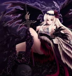 Rule 34 | 10s, 1girl, armor, armored boots, between legs, black footwear, black gloves, black wings, boots, breasts, camisole, cleavage, closed mouth, cloud, dark jeanne, dark persona, demon wings, feather hair ornament, feathers, gloves, granblue fantasy, hair between eyes, hair ornament, highres, holding, holding sword, holding weapon, jeanne d&#039;arc (granblue fantasy), knee boots, kuwahara taiki, long hair, looking at viewer, medium breasts, purple sky, red eyes, red skirt, skirt, skull, sky, smile, solo, sword, torn wings, weapon, white hair, wings