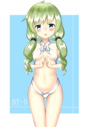 Rule 34 | 1girl, bad id, bad pixiv id, bikini, blue background, blue eyes, blush, breasts, c-clock, commentary request, gluteal fold, green hair, groin, highres, long hair, low twintails, navel, open mouth, original, own hands together, simple background, small breasts, solo, swimsuit, thigh gap, thighs, twintails, white bikini