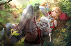 Rule 34 | 10s, 1girl, arm guards, armor, armored boots, asuna (sao), bare shoulders, belt, blurry, boots, braid, breastplate, brown hair, bush, cglas, detached sleeves, french braid, grass, hair ornament, holding, holding sword, holding weapon, knee up, leaf, lips, long hair, looking at viewer, lying, on back, outdoors, pillow, plant, rapier, sack, smile, solo, sunlight, sword, sword art online, thigh boots, thighhighs, thighs, weapon, white thighhighs