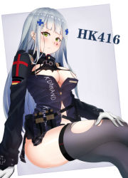 Rule 34 | 1girl, absurdres, artist request, belt, blush, can zhu, character name, crossed legs, facial tattoo, girls&#039; frontline, gloves, green eyes, hair ornament, hand on own knee, highres, hk416 (girls&#039; frontline), jacket, knife, long hair, looking at viewer, no bra, plaid, plaid skirt, pleated skirt, silver hair, sitting, skirt, solo, tattoo, teardrop tattoo, thighhighs, torn clothes, torn thighhighs, white gloves, zettai ryouiki
