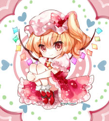 Rule 34 | 1girl, ascot, blonde hair, bobby socks, chibi, commentary request, flandre scarlet, hair between eyes, hat, hat ribbon, heart, hugging own legs, knees to chest, looking at viewer, mob cap, nagare, partial commentary, patterned background, petticoat, puffy short sleeves, puffy sleeves, red eyes, red footwear, red skirt, red vest, ribbon, shirt, short hair, short sleeves, side ponytail, sitting, sketch, skirt, smile, socks, solo, touhou, twitter username, vest, white background, white shirt, white socks, yellow ascot