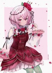 Rule 34 | 1girl, absurdres, artist name, breasts, clothing cutout, dress, flower, gothic lolita, green pantyhose, hair flower, hair ornament, highres, leaning forward, lolita fashion, looking at viewer, namishiron, nijisanji, nijisanji en, pantyhose, pink eyes, plant, red dress, red flower, red rose, rose, rosemi lovelock, rosemi lovelock (1st costume), short hair, short sidetail, shoulder cutout, small breasts, smile, solo, thorns, vines, virtual youtuber