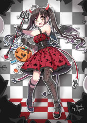 Rule 34 | ahoge, angelic pretty, arm strap, asymmetrical legwear, bat (animal), black footwear, black gloves, black hair, blush, brown eyes, bucket, candy, checkered background, corset, cross print, demon horns, demon tail, demon wings, dress, food, full body, gloves, halloween, highres, horns, jack-o&#039;-lantern, kneehighs, legwear garter, lolita fashion, lollipop, long hair, mary janes, north abyssor, open mouth, original, outline, polearm, print dress, red dress, scared, shoes, signature, single kneehigh, single sock, single thighhigh, sketch, socks, solo, standing, striped clothes, striped socks, striped thighhighs, tail, tears, thighhighs, trapped, trident, twintails, uneven legwear, vertical-striped clothes, vertical-striped socks, vertical-striped thighhighs, wavy mouth, weapon, white outline, wings
