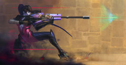 Rule 34 | 1girl, aiming, bodysuit, boots, breasts, center opening, colored skin, derivative work, elbow gloves, firing, gloves, gun, head-mounted display, holding, holding gun, holding weapon, image sample, knee boots, long hair, md5 mismatch, medium breasts, overwatch, overwatch 1, ponytail, purple skin, resized, resolution mismatch, rifle, scope, sniper rifle, solo, source larger, trigger discipline, very long hair, visor, weapon, widowmaker (overwatch), yd (orange maru), yellow eyes, yi-jia (dengyijia liu)
