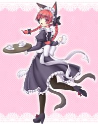 Rule 34 | 1girl, alternate costume, animal ears, apron, black pantyhose, bow, braid, cat ears, cat girl, cat tail, cup, enmaided, female focus, frills, hair bow, isaki (gomi), kaenbyou rin, long hair, maid, maid apron, maid headdress, pantyhose, pointy ears, red eyes, red hair, ribbon, smile, solo, tail, teacup, teapot, touhou, twin braids, twintails