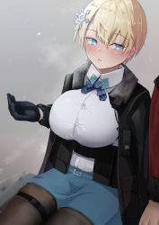 Rule 34 | 1boy, 1girl, absurdres, belt, black gloves, black jacket, black pantyhose, blonde hair, blue belt, blue eyes, blue neckwear, blue skirt, blush, bow, bowtie, breasts, collared shirt, commander (girls&#039; frontline), commentary request, cowboy shot, girls&#039; frontline, gloves, grey background, griffin &amp; kryuger military uniform, hair between eyes, hair ornament, hand up, highres, jacket, large breasts, long sleeves, looking at another, magazine (weapon), military, military uniform, mole, mole under eye, neck ribbon, nose blush, open clothes, open jacket, out of frame, pantyhose, parted lips, pencil skirt, red jacket, ribbon, shirt, shirt tucked in, short hair, simple background, sitting, skirt, snow, snowflake hair ornament, solo focus, solokitsune, striped bow, striped bowtie, striped clothes, striped neckwear, thigh strap, uniform, vsk-94 (girls&#039; frontline), walkie-talkie, white shirt