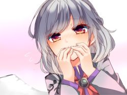 Rule 34 | 1girl, bad id, bad twitter id, blush, bow, bowtie, braid, closed mouth, flying sweatdrops, french braid, hand to own mouth, hands up, jacket, karasusou nano, kishin sagume, long hair, long sleeves, looking at viewer, multicolored eyes, portrait, red bow, red bowtie, short hair, silver hair, smile, solo, touhou