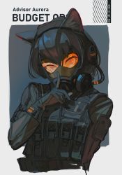 Rule 34 | 1girl, absurdres, animal ears, black gloves, black shirt, bulletproof vest, cat ears, covered mouth, finger to mouth, gas mask, gloves, goggles, headphones, headset, highres, looking at viewer, mask, original, polilla, pouch, shirt, shushing, solo, upper body
