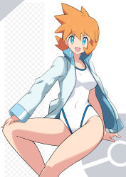 Rule 34 | 1girl, armpits, barefoot, blue eyes, blue jacket, breasts, collarbone, competition swimsuit, covered navel, creatures (company), eyelashes, female focus, game freak, gym leader, hand on own knee, happy, highres, invisible chair, jacket, knee up, legs, looking at viewer, medium breasts, medium hair, misty (pokemon), neck, nintendo, one-piece swimsuit, open clothes, open jacket, open mouth, orange hair, poke ball symbol, pokemon, pokemon hgss, sakuraidai, shiny clothes, shiny skin, sidelocks, simple background, sitting, skin tight, spiked hair, swimsuit, thighs, white one-piece swimsuit