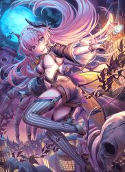 1girl, :d, absurdres, bat, blue eyes, breasts, brown gloves, brown shorts, cloud, demon horns, demon tail, fangs, flying, full moon, gloves, grey legwear, high heels, highres, holding, holding staff, horns, large breasts, long hair, looking at viewer, moon, navel, open mouth, original, pink hair, shichigatsu, short shorts, shorts, skeleton, smile, solo, staff, striped, striped legwear, tail, tailcoat, thighhighs, vertical-striped legwear, vertical stripes