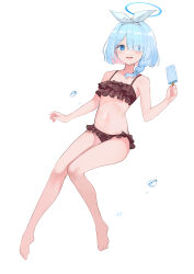Rule 34 | 1girl, 2r- (pixiv8168114), :d, absurdres, arona (blue archive), barefoot, bikini, black bikini, blue archive, blue eyes, blue hair, braid, brown bikini, colored inner hair, commentary, facing viewer, flat chest, floating, food, frilled bikini, frills, full body, hair between eyes, hair over one eye, hairband, halo, hand up, highres, holding food, holding ice cream, ice cream, looking away, multicolored hair, navel, one eye covered, open mouth, pink hair, short hair, simple background, smile, solo, stomach, swept bangs, swimsuit, thighs, water, white background, white hairband
