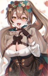 Rule 34 | 1girl, ahoge, blurry, breasts, brown capelet, brown cloak, brown corset, brown eyes, brown hair, capelet, cleavage, cloak, corset, cross-eyed, depth of field, falling petals, gloves, hair ornament, hairclip, highres, hololive, hololive english, long hair, medium breasts, multicolored hair, nanashi mumei, partially fingerless gloves, petals, pleated skirt, ponytail, red skirt, ribbon, shirt, skirt, solo, streaked hair, tako maguro 20, very long hair, virtual youtuber, white shirt, wreath