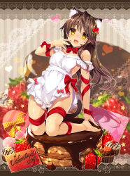 Rule 34 | 1girl, animal ears, apron, bare shoulders, barefoot, blurry, blurry background, box, brown hair, cat ears, chocolate, cupcake, food, fruit, full body, gift, gift box, hand up, heart, heart-shaped box, highres, kneehighs, long hair, looking at viewer, naked apron, original, red ribbon, revision, ribbon, smile, socks, solo, strawberry, valentine, yanagi yuu, yellow eyes