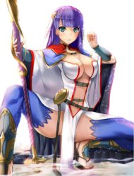 Rule 34 | 1girl, arm guards, armadillo-tokage, bad id, bad twitter id, blue thighhighs, blunt bangs, blush, breasts, center opening, cleavage, fate/grand order, fate (series), fighting stance, foreshortening, furrowed brow, green eyes, groin, holding, holding staff, large breasts, loincloth, long sleeves, looking at viewer, martha (fate), navel, no panties, outstretched arm, pelvic curtain, purple hair, revealing clothes, sandals, shin guards, simple background, solo, spread legs, staff, stomach, thighhighs, toes, veil, water, white background, wide sleeves