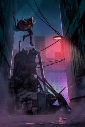 Rule 34 | 1girl, alley, animal ears, arknights, black pants, boots, building, chain-link fence, city, coat, fence, grey hair, highres, holding, holding weapon, knee boots, lamppost, light, midair, night, outdoors, pants, projekt red (arknights), red coat, red footwear, rubble, solo, tail, urushifuji yomogi, weapon, wide shot, wolf ears, wolf girl, wolf tail