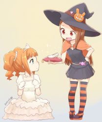 Rule 34 | 2014, 2girls, aqua eyes, brown hair, capelet, cinderella, cinderella (cosplay), cosplay, dated, dress, glass slipper, gloves, halloween, hat, hat ornament, idolmaster, idolmaster (classic), jewelry, long hair, minase iori, multiple girls, nagian, necklace, open mouth, orange hair, pillow, red eyes, simple background, sitting, skirt, sparkle, standing, striped clothes, striped legwear, striped thighhighs, takatsuki yayoi, tears, thighhighs, tiara, twintails, white dress, white gloves, witch hat
