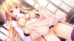 Rule 34 | 1girl, blonde hair, blush, breasts, censored, clothes lift, game cg, garter straps, highres, kanojo wa ecchi de midara na hentai, large breasts, legs, long hair, looking away, mole, mouth hold, nipples, purple eyes, pussy, skirt, skirt lift, solo, sorai shin&#039;ya, standing, thighhighs, thighs, twintails