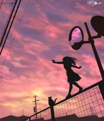 Rule 34 | 1girl, artist name, balancing, bulding, cat, dated, fence, highres, mirror, original, outdoors, power lines, scenery, silhouette, sky, sunset, yuruyume1224