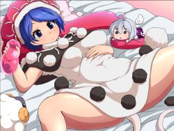 Rule 34 | 1girl, :o, belly, belly rub, blue eyes, blue hair, breasts, capelet, character doll, covered navel, dream soul, dress, kishin sagume, layered dress, looking at viewer, lying, medium breasts, on back, open mouth, peso (cheese company), pom pom (clothes), seductive smile, sheep, skirt, unworn skirt, smile, solo, spread legs, tail, tapir tail, touhou