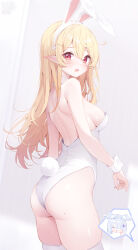 Rule 34 | 1girl, animal ears, ass, back, bare arms, bare shoulders, blonde hair, blurry, blurry background, blush, breasts, collar, commentary, cowboy shot, detached collar, deyui, dot nose, elf, elira pendora, english commentary, fake animal ears, fake tail, flower, from behind, frown, hair between eyes, hair flower, hair ornament, highleg, highleg leotard, highres, leotard, long hair, looking at viewer, medium breasts, mole, mole on ass, nijisanji, nijisanji en, open mouth, pointy ears, pomu rainpuff, rabbit ears, rabbit tail, red eyes, sideboob, skindentation, spoken character, tail, virtual youtuber, wavy mouth, white bag, white collar, white flower, white leotard, white wrist cuffs, wrist cuffs