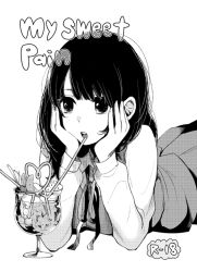 Rule 34 | 1girl, comitia, cup, drinking glass, drinking straw, greyscale, hands on own cheeks, hands on own face, head rest, long sleeves, monochrome, neck ribbon, open mouth, original, pleated skirt, ribbon, school uniform, skirt, solo, star (symbol), vest, yokoyari mengo