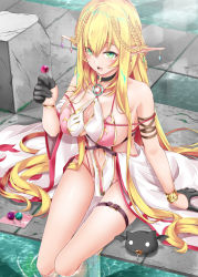Rule 34 | 1girl, :3, blonde hair, bracelet, braid, breasts, candy, commentary request, earrings, elf, food, gloves, green eyes, jewelry, large breasts, lollipop, long hair, multiple braids, open mouth, original, partially submerged, pointy ears, shirosuzu, sitting, smile, solo, water