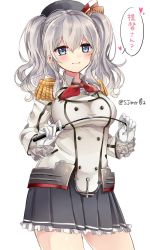Rule 34 | 10s, 1girl, bad id, bad twitter id, beret, blue eyes, blush, breasts, buttons, contrapposto, cowboy shot, epaulettes, frilled sleeves, frills, gloves, hat, kantai collection, kashima (kancolle), kerchief, large breasts, looking at viewer, military, military uniform, miniskirt, pleated skirt, riding crop, shijima (sjmr02), sidelocks, silver hair, skirt, smile, solo, standing, translation request, twintails, twitter username, uniform, wavy hair, white background, white gloves