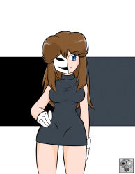 Rule 34 | 1girl, bad id, bad pixiv id, black dress, blue eyes, brown hair, cowboy shot, creatures (company), dress, game freak, gloves, green (pokemon), hand on own hip, hip focus, light smile, long hair, looking at viewer, mask, miniskirt, narrow waist, nintendo, pokemon, pokemon adventures, short dress, skirt, sleeveless, smile, solo, spoilers, taut clothes, turtleneck, white gloves