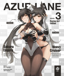 Rule 34 | 2girls, ;(, animal ears, ark john up, artist name, atago (azur lane), atago (stunning speedster) (azur lane), azur lane, bare shoulders, bikini, black bikini, black hair, black legwear, blunt bangs, blush, bodystocking, bow, grabbing another&#039;s breast, breasts, center opening, checkered background, cleavage, cleavage cutout, closed mouth, clothing cutout, collarbone, commentary, cover, covered navel, dated, elbow gloves, english commentary, engrish commentary, fake cover, flipped hair, gloves, grabbing, grabbing from behind, grey leotard, hair bow, hand on another&#039;s head, highres, korean text, large breasts, leotard, long hair, long sleeves, looking at viewer, magazine cover, mole, mole under eye, multiple girls, navel, orange eyes, pantyhose, race queen, skindentation, smile, sweat, swept bangs, swimsuit, takao (azur lane), takao (full throttle charmer) (azur lane), thigh gap, thighhighs, translation request, underboob, very long hair, white bow, white gloves, wrist cuffs, yellow eyes, yuri