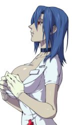 Rule 34 | 1girl, adjusting clothes, blue hair, breasts, choker, from side, ganno, gloves, hair down, highres, large breasts, latex, latex gloves, red eyes, scar, skullgirls, solo, upper body, valentine (skullgirls), white background