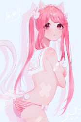 Rule 34 | 1girl, absurdres, animal ears, ass, bandaid, bandaid on arm, blush, breasts, cat ears, cat girl, cat tail, cross-shaped pupils, fake animal ears, hair ornament, highres, nico msa, original, panties, pink eyes, pink hair, pink panties, small breasts, striped clothes, striped panties, symbol-shaped pupils, tail, topless, twintails, underwear