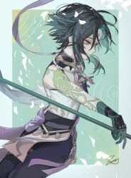 Rule 34 | 1boy, arm tattoo, bead necklace, beads, black hair, eyeshadow, facial mark, forehead mark, genshin impact, gloves, green gloves, green hair, highres, holding, holding polearm, holding weapon, jewelry, makeup, male focus, multicolored hair, necklace, parted lips, petals, polearm, red eyeshadow, signature, simple background, solo, tattoo, weapon, white petals, xiao (genshin impact), yellow eyes, zaso