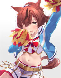 Rule 34 | 1girl, absurdres, animal ears, belt, blue jacket, blush, bow, breasts, brown eyes, chain, commentary request, cowboy shot, cropped shirt, ear ornament, gold chain, highres, holding, holding pom poms, horse ears, horse girl, horse tail, jacket, long sleeves, medium hair, midriff, multicolored hair, navel, nice nature (run&amp;win) (umamusume), nice nature (umamusume), noa0319, official alternate costume, official alternate hairstyle, open clothes, open jacket, open mouth, pom pom (cheerleading), pom poms, red bow, red hair, sailor collar, shirt, shorts, simple background, skirt, small breasts, smile, solo, streaked hair, sweat, tail, thigh strap, umamusume, white background, white shirt, white skirt, yellow belt, yellow shorts