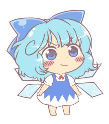 Rule 34 | 1girl, barefoot, blue dress, blue eyes, blue hair, blush, bow, cirno, collared shirt, dress, fairy wings, gyate gyate, hair bow, ice, ice wings, long dress, neck ribbon, pinafore dress, puffy short sleeves, puffy sleeves, red ribbon, ribbon, shimaya naokazu, shirt, short hair, short sleeves, sleeveless dress, smile, solo, touhou, white shirt, wings