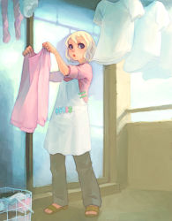 Rule 34 | 1girl, blonde hair, brown eyes, female focus, full body, laundry, outdoors, solo, weno, weno&#039;s blonde original character