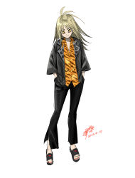 Rule 34 | 1girl, animal print, black footwear, black jacket, blonde hair, closed mouth, dated, eyes visible through hair, grey background, hands in pockets, hatching (texture), highres, jacket, long hair, nail polish, open clothes, open jacket, original, patterned, patterned clothing, red nails, saitou1218, signature, simple background, sketch, smile, solo, standing, tiger print, toeless footwear, toenail polish, toenails, yellow eyes