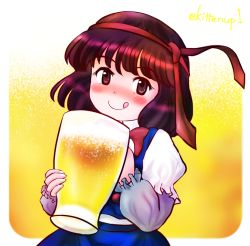Rule 34 | 1girl, alcohol, asama isami, beer, beer mug, blue skirt, blue vest, blush, border, bow, bowtie, brown eyes, brown hair, closed mouth, collared shirt, commentary request, cup, drunk, grey shirt, juliet sleeves, kittenup, layered sleeves, long sleeves, looking at viewer, mug, necktie, necktie on head, puffy sleeves, red bow, red bowtie, red necktie, shirt, short hair, short over long sleeves, short sleeves, skirt, smile, tongue, tongue out, uwabami breakers, vest, white border, white shirt